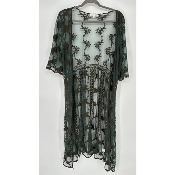 Woven Heart Kimono Duster Medium Green Sheer Embroidered Boho Whimsy Fairy - Picture 1 of 9